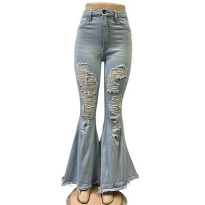 Loverly Fit Denim Extreme Flare Distressed Raw Hem Light Wash Blue Jeans Size 11